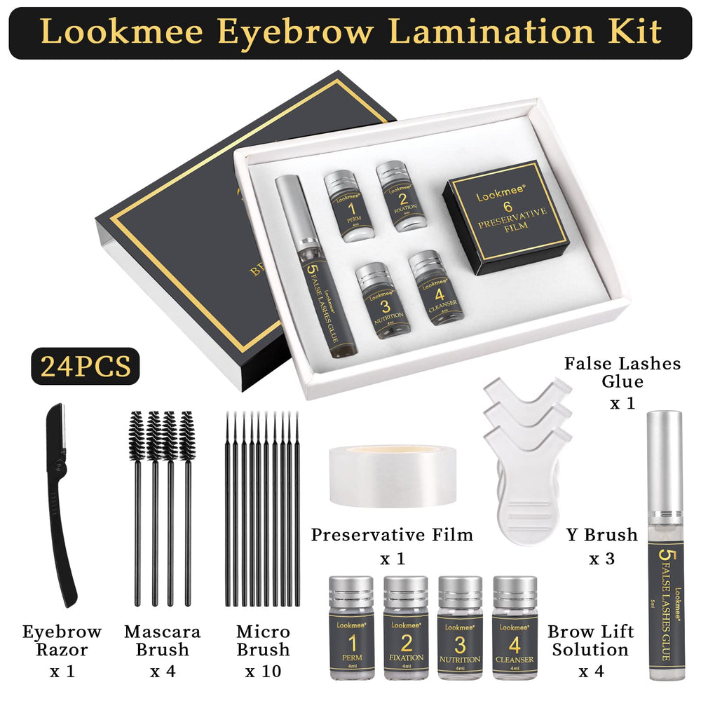 Lookmee perming lotion step shown for safe at-home brow lift.