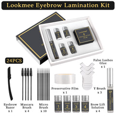 Lookmee perming lotion step shown for safe at-home brow lift.