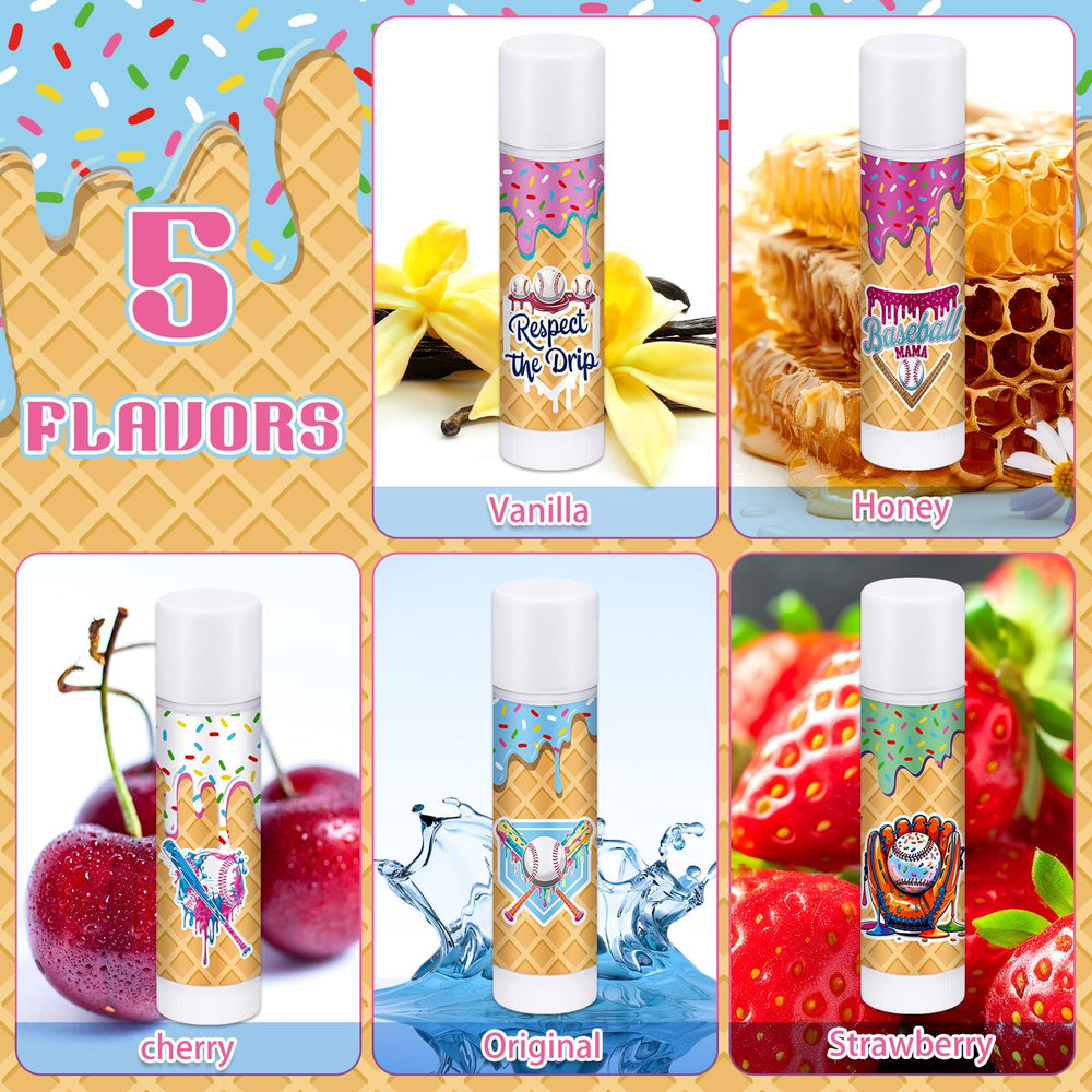 Loopeer baseball drip lip balm set in five flavors, ideal for team gifts and celebrations.