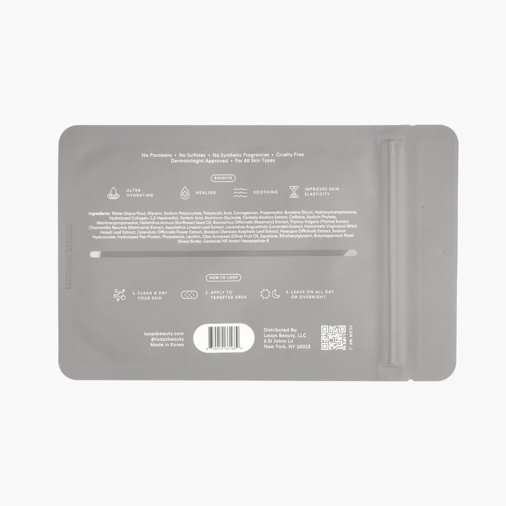 LOOPS HydraShield hydrogel body patch uses plant butters and seed oils for gentle, effective on-skin care.