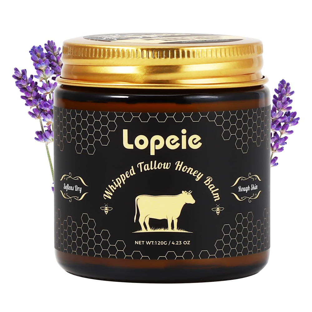 Lopeie Upgraded Organic Tallow Balm jar showing rich hydration and texture