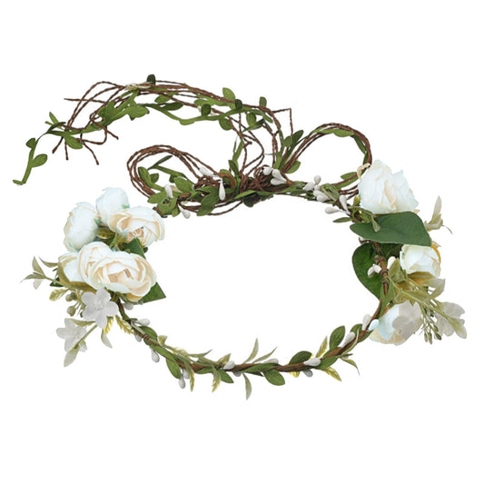 Lopsity Rose Floral Crown White, front view, pollen-free safety for weddings