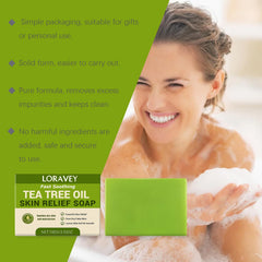 Loravey Tea Tree Soap bar with foaming net producing rich lather for cleansing
