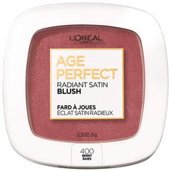 L'Oreal Paris Age Perfect Radiant Satin Blush bottle with Camellia Oil for luminous berry color.