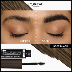 L’Oréal Infallible Brow Mascara wand close-up applying precise strokes.