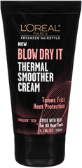 L'Oreal Paris Advance Hairstyle Blow Dry It Thermal Smoother Cream bottle for heat protection and smooth styling.
