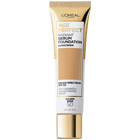 L'Oreal Paris Age Perfect Radiant Serum Foundation bottle front for radiant skin.