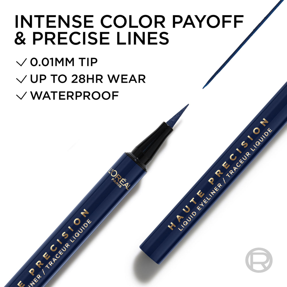 L'Oreal Paris Haute Precision Blue Suede shade swatch for bold blue look.