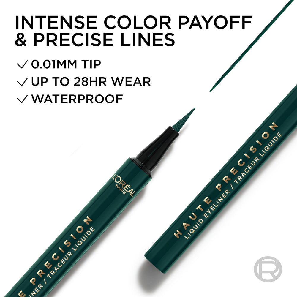 L'Oréal Paris Haute Precision Green Velvet shade swatch on eyelid.