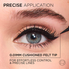 Close-up of stroke motion with Haute Precision eyeliner for crisp color.