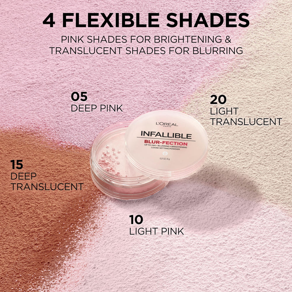 Shine control feature of Blur-fection powder provides a balanced, matte look.