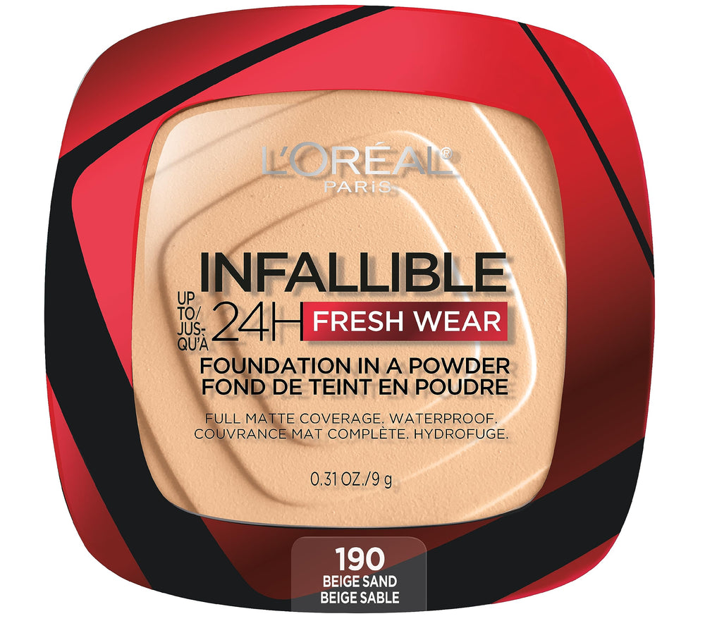 L'Oreal Paris Infallible Fresh Wear Foundation in a Powder compact close-up showing long-wear promise