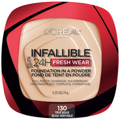 L'Oreal Paris Infallible Fresh Wear Foundation Powder compact close-up for weightless coverage all day.