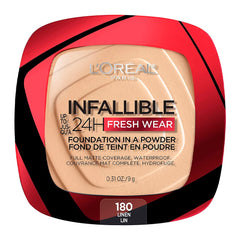 L'Oréal Paris Infallible Fresh Wear Foundation Powder Linen packaging bottle shows water resistance