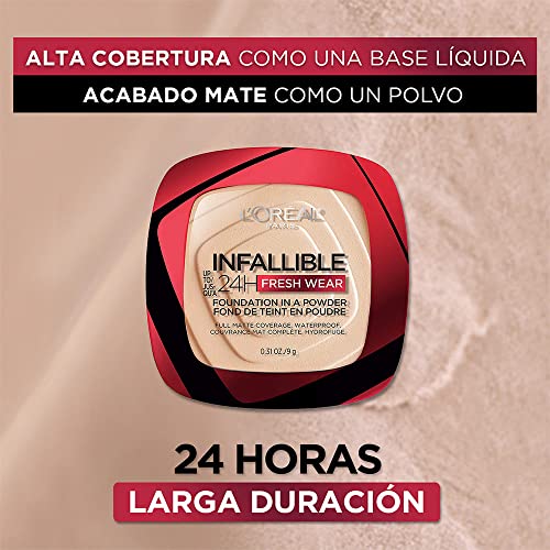 L'Oréal Paris Infallible Fresh Wear Foundation Powder Linen texture close-up highlights breathable, weightless feel