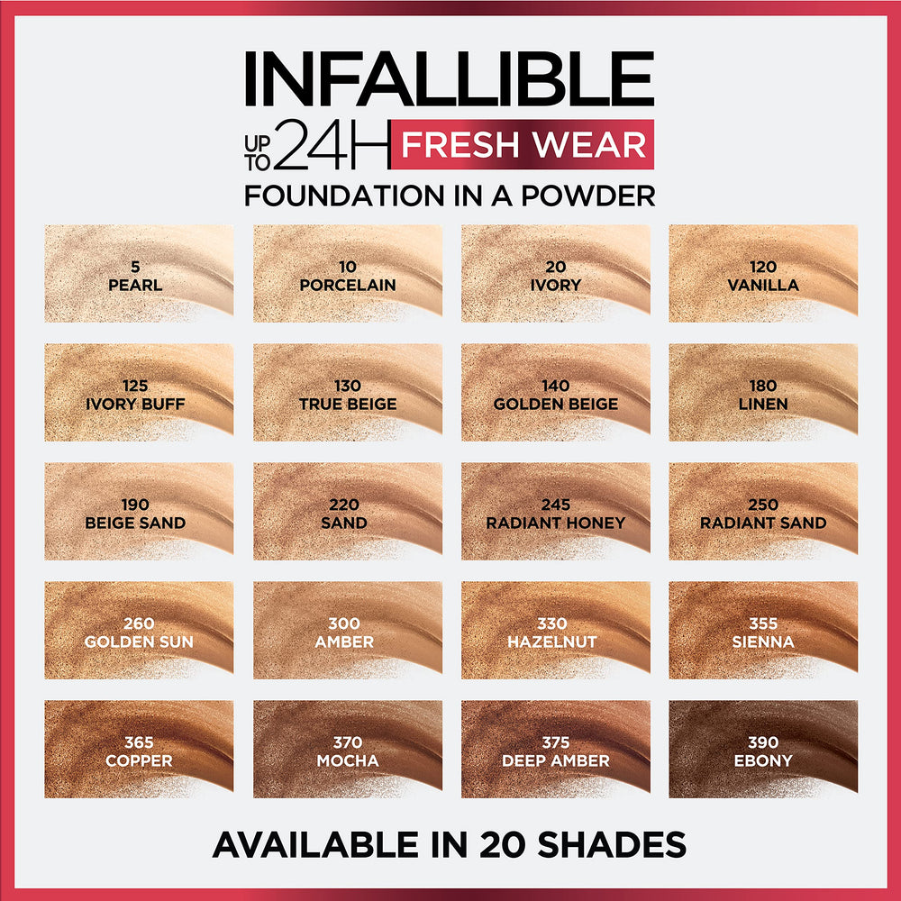 Compact packaging of L'Oreal Paris Infallible Fresh Wear Powder highlights travel-friendly design