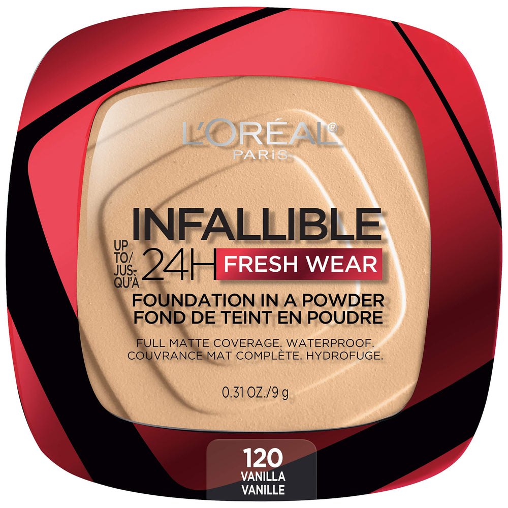 L'Oreal Paris Infallible Fresh Wear Powder Vanilla bottle shows long-lasting matte finish.