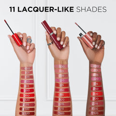 Lips showcase lacquer-like shine and transfer-resistant color for all-day confidence.