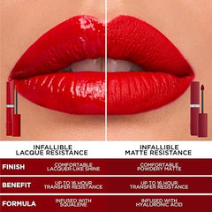 Close-up reveals lacquer-like shine and reflective pigment on lips.