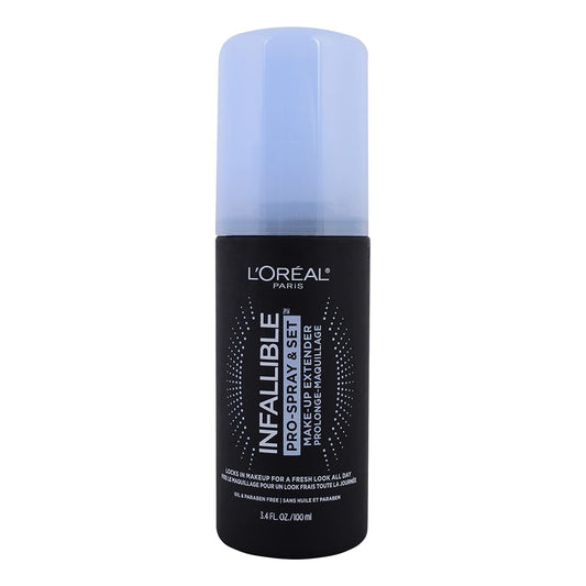 L'Oreal Paris Infallible Pro-Spray bottle close-up for long-lasting makeup setting.