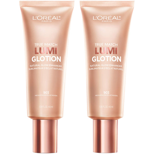 L'Oreal Paris Lumi Glotion bottle shows glow-boosting hydration for radiant skin.
