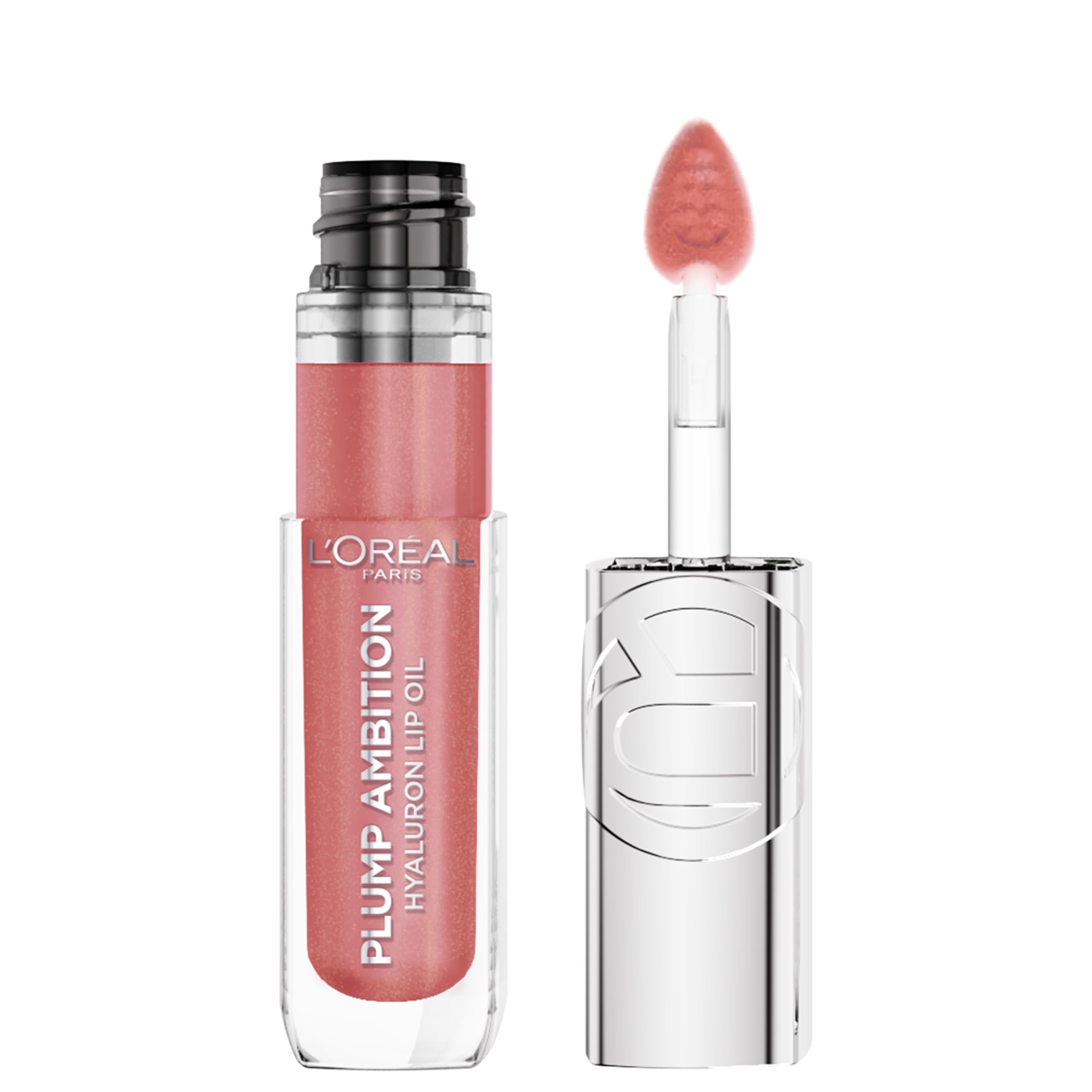 L'Oreal Paris Plump Ambition lip oil tube closeup showing hydration and shine.