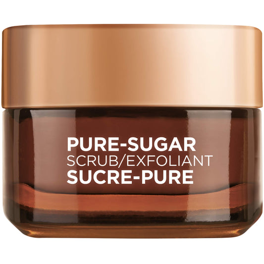 L'Oreal Paris Pure Sugar Scrub bottle shows texture and provides gentle exfoliation for smoother skin.