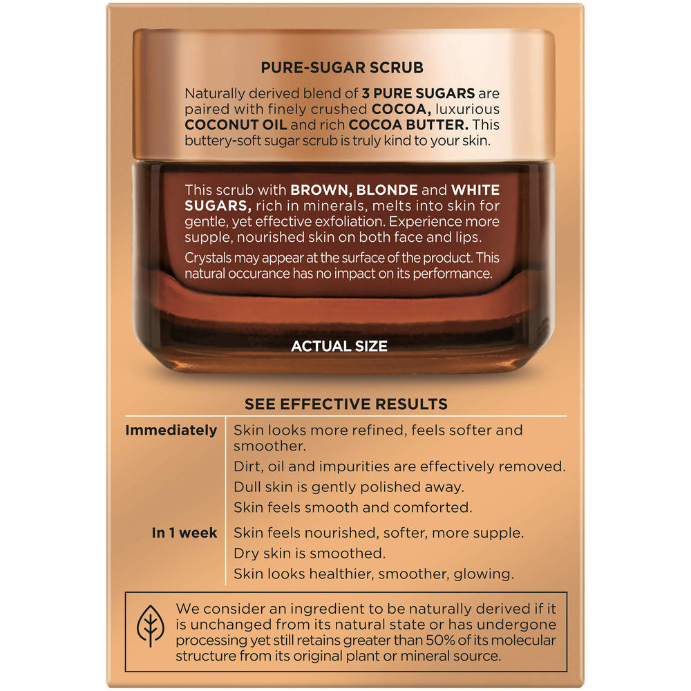 L'Oreal Paris Pure Sugar Scrub bottle beside ingredients suggesting nourishing exfoliation.