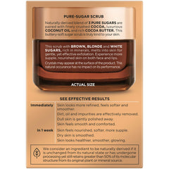 L'Oreal Paris Pure Sugar Scrub bottle beside ingredients suggesting nourishing exfoliation.