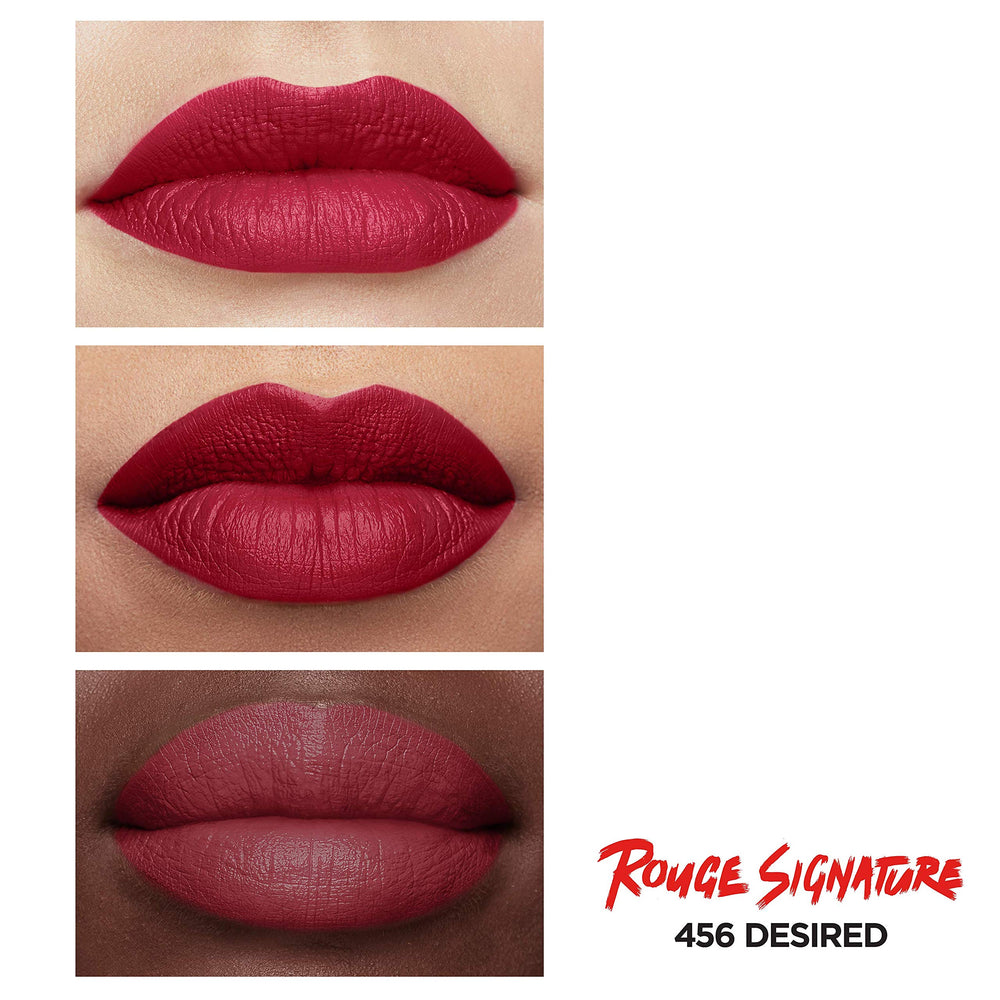 L’Oréal Paris Rouge Signature Matte Lip Stain on lips with bold, long-wear color.
