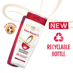 L'Oreal Paris Total Repair 5 Shampoo label close-up communicates clarity and trust.
