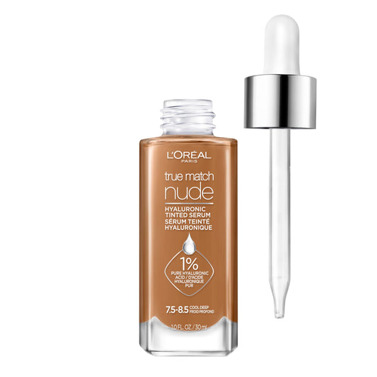 L'Oreal Paris True Match Nude Hyaluronic Serum Foundation bottle showing hydrating formula.