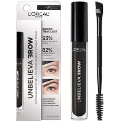 L'Oréal Paris Unbelieva-Brow brow gel packaging shown for travel-ready use and storage.