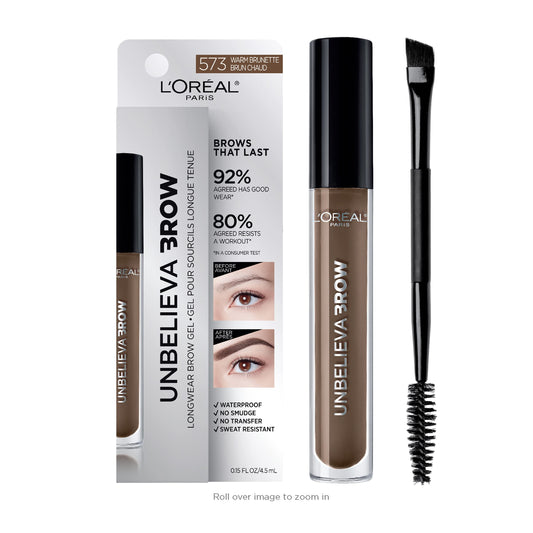 L'Oreal Paris Unbelieva-Brow longwear tinted gel Warm Brunette cap closeup for lasting color.