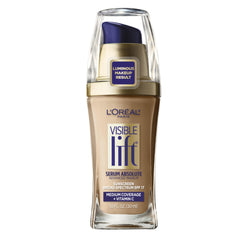 L'Oreal Paris Visible Lift Serum Absolute foundation bottle shows sleek packaging; evens tone with SPF 17.