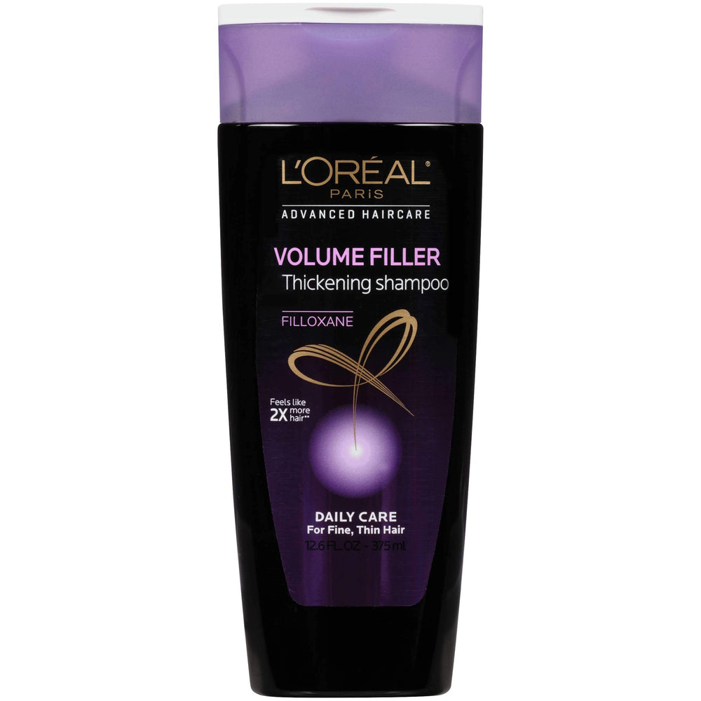 L'Oreal Paris Volume Filler bottle showing stronger, healthier-feeling hair after use.