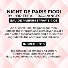 L'ORIENTAL Night De Paris Fiori ambroxan musk base—subtle, enduring warmth.
