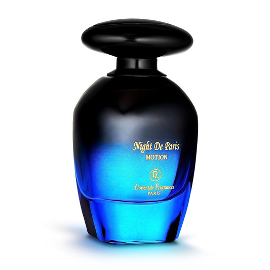 L'Orientale Fragrances Night De Paris bottle highlights amber vanilla for lasting all-day allure.