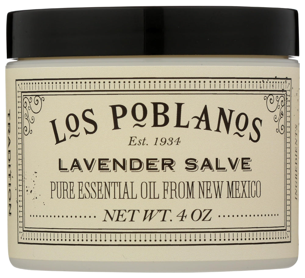 Los Poblanos lavender hand salve jar label close-up for soothing body care