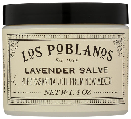 Los Poblanos lavender hand salve jar label close-up for soothing body care
