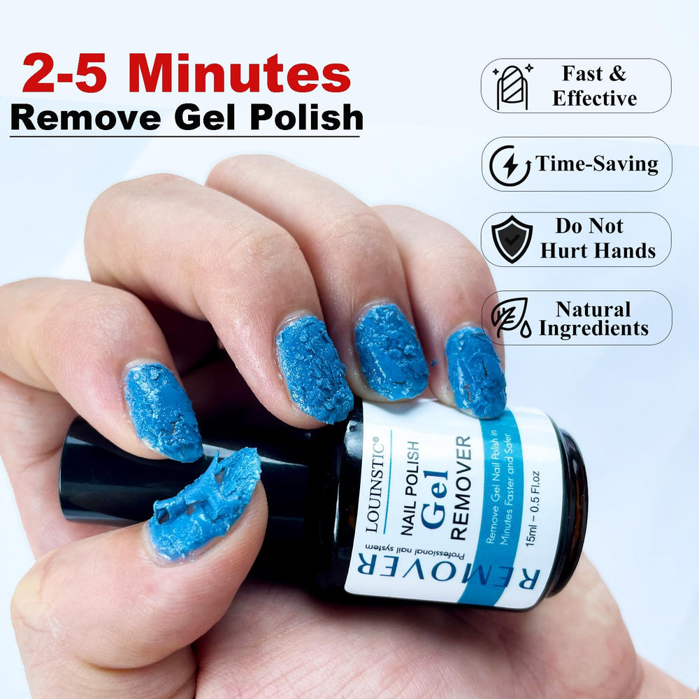 LOUINSTIC acetone-free formula bottle reduces harsh effects on natural nails.