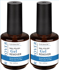 LOUINSTIC gel polish remover bottle front shows two-pack convenience for at-home manicures.