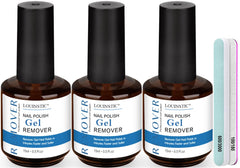 Louinstic gel remover bottle closeup shows gentle, acetone-free formula for safe removal.
