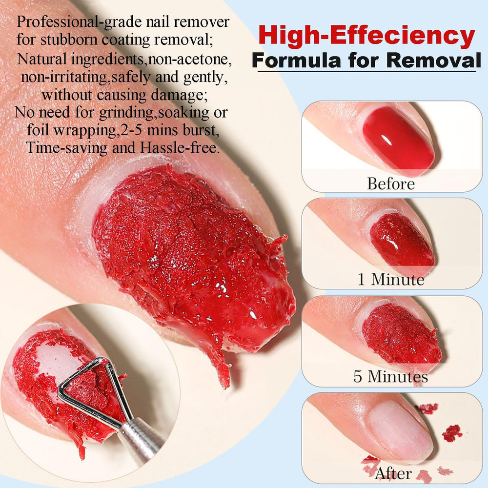 Louinstic gel remover wait-bubble-lift shows efficient removal in minutes.