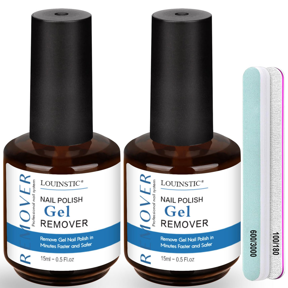 LOUINSTIC remover kit with two 15 ml bottles for quick, acetone-free gel removal.