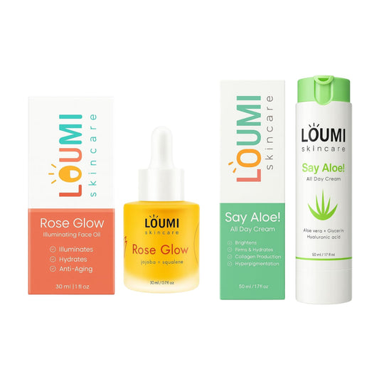 LOUMI Glow & Aloe RoseGlow face oil bottle—lightweight hydration for daytime radiance.