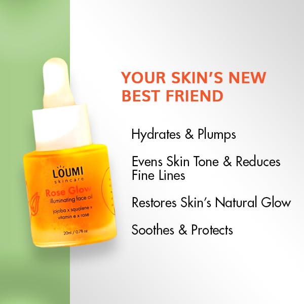LOUMI RoseGlow Face Oil with rosehip-jojoba blend for softness.