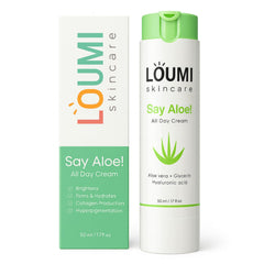 LOUMI Say Aloe All-Day Face Cream tube close-up for deep hydration