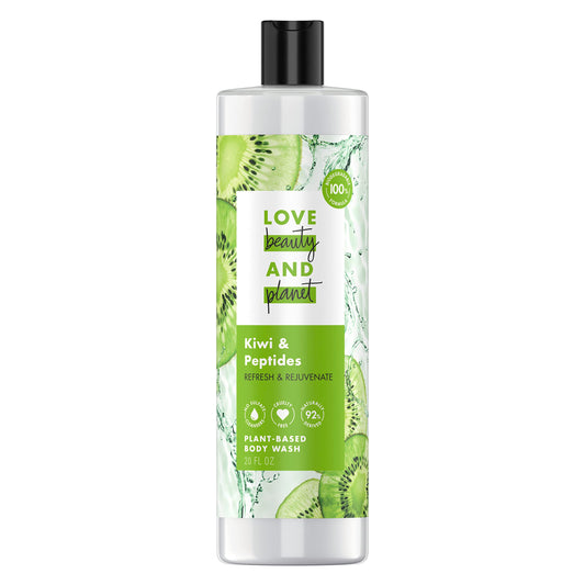 Love Beauty and Planet Kiwi & Peptides bottle close-up, showcasing biodegradable formula.