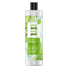 Love Beauty and Planet Kiwi & Peptides bottle close-up, showcasing biodegradable formula.